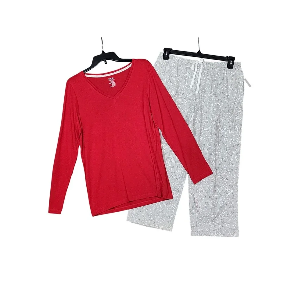 Pajama Set HUE Red Long Sleeve Top Charter Club Floral Cropped Pajama Pants Med